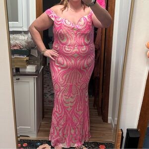 Vibrant Pink Lace Off-Shoulder Prom Dress